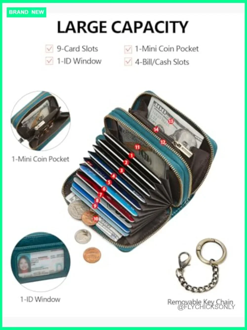 RFID Credit Card Holder Zipper Wallet Vegan Leather Accordion Keychain Card Case